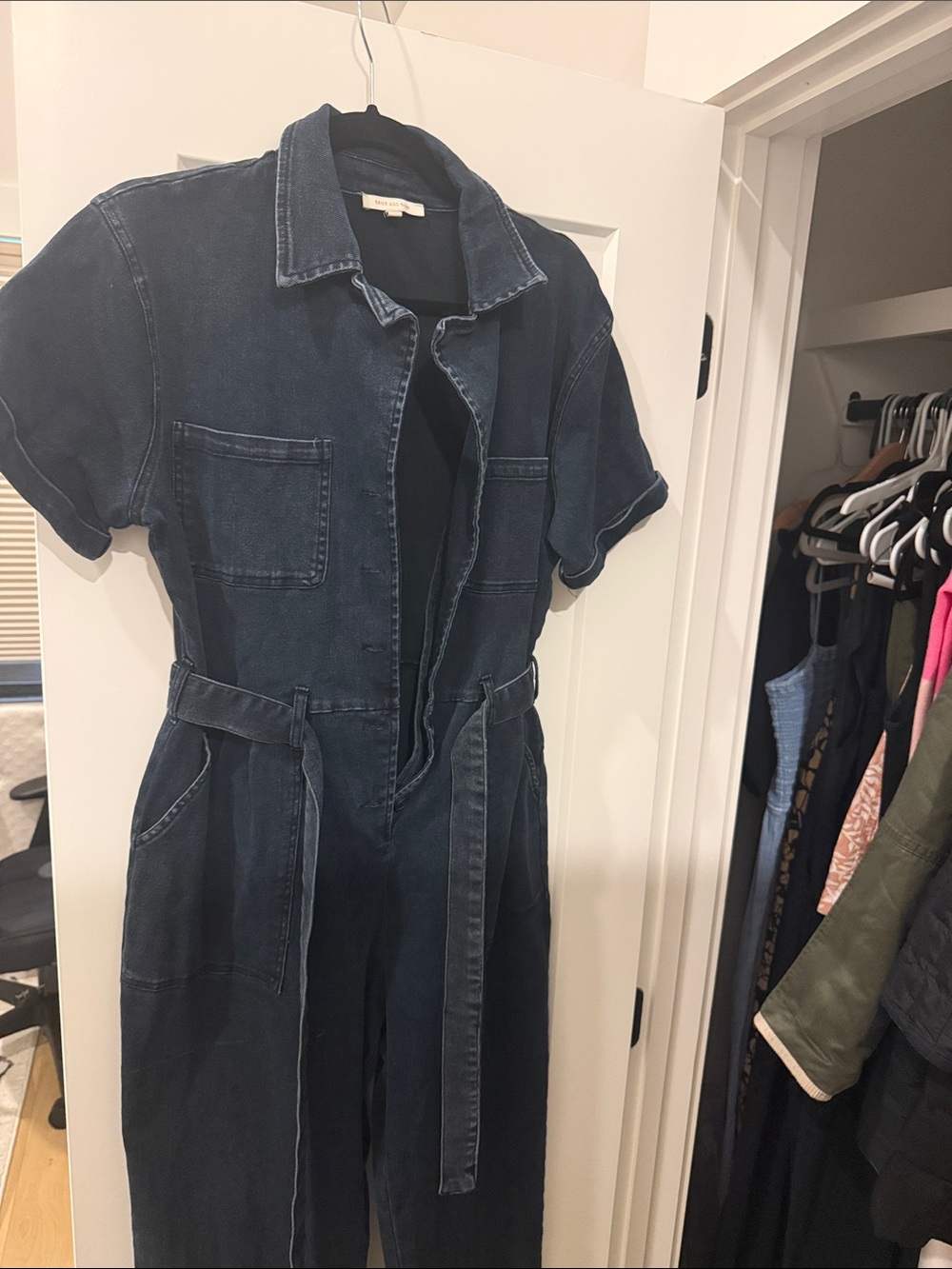 Skies Are Blue Indigo Short-Sleeve Denim Jumpsuit with Tie Waist